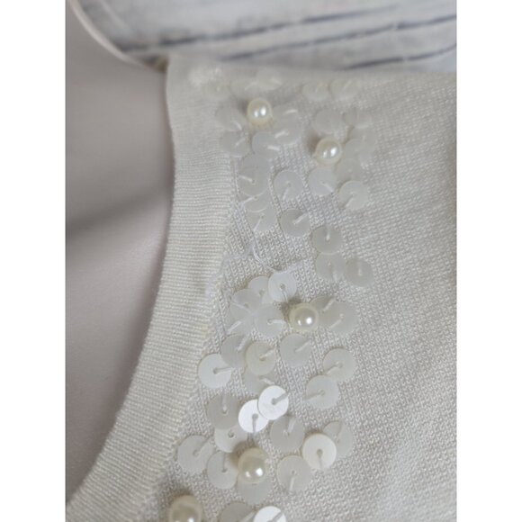 Vintage Eva Blue Ivory Beaded Sweater Cardigan XL Cropped Coquette Sequins - Picture 5 of 7